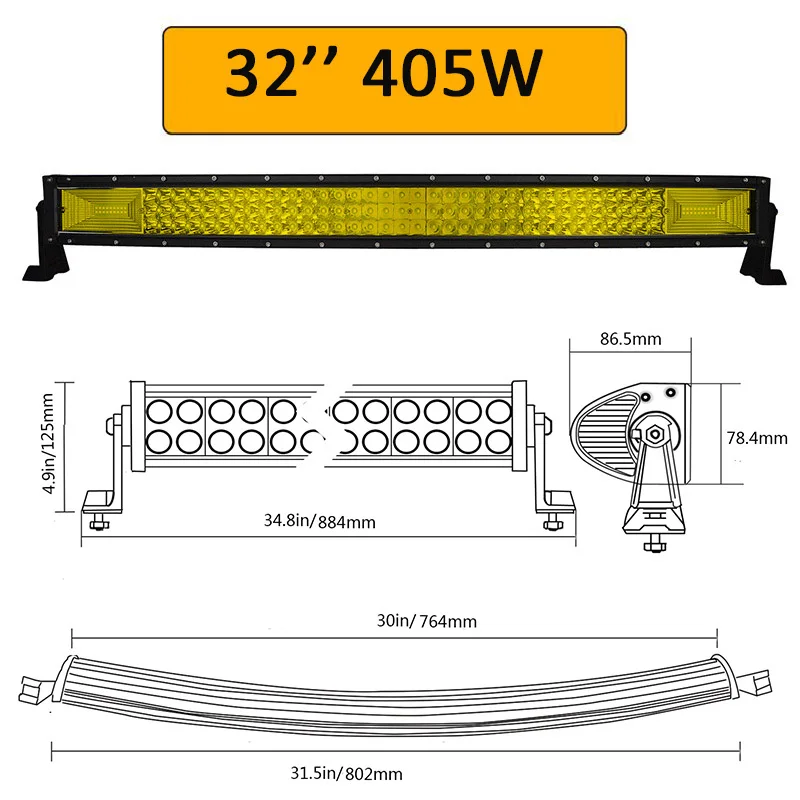 Auxtings 2" 32" 4" 52" изогнутый светодиодный светильник, рабочий светильник 7D, Светодиодная панель желтого цвета, 4x4, грузовик, квадроцикл, крыша автомобиля, внедорожный Янтарный противотуманный светильник