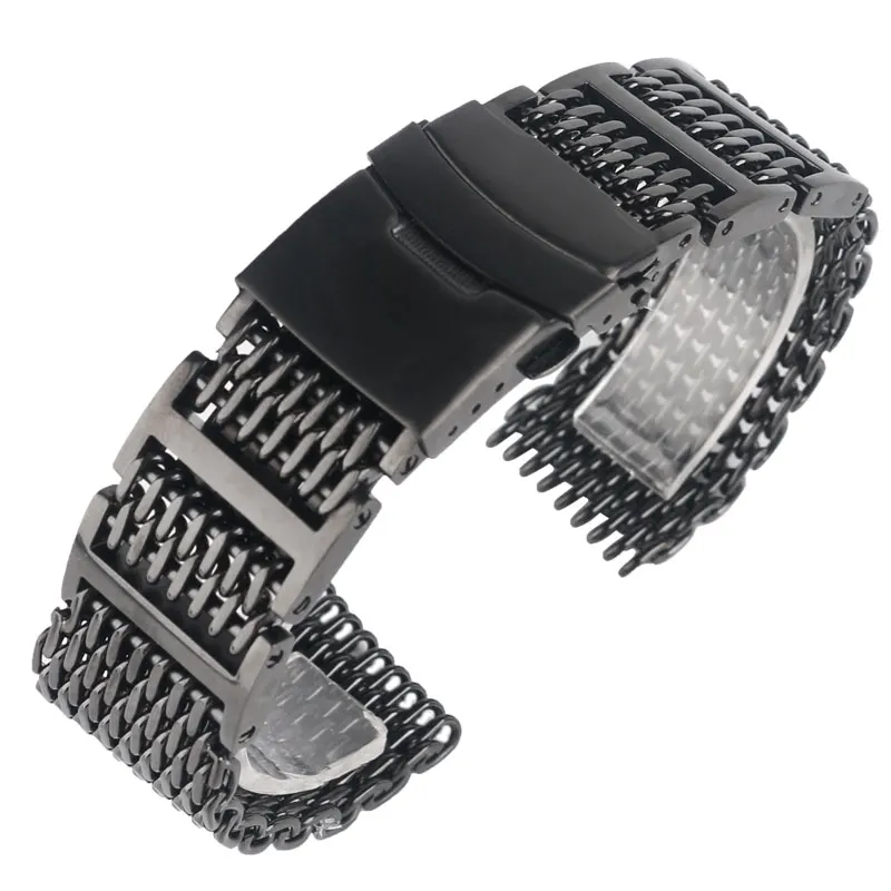 20/22/24mm Stainless Steel Band HQ Solid Link Shark Mesh Men Watch Strap Black Fold Over Clasp with Safety Bracelet 20/22/24mm Stainless Steel Band HQ Solid Link Shark Mesh Men Watch Strap Black Fold Over Clasp with Safety Bracelet