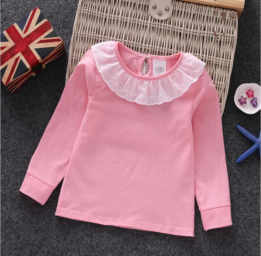 

Baby Girls T shirts Spring 2018 Lace Collar Cotton Long Sleeve Kids T shirt Casual Tops Children's Clothing Bottoming Tops