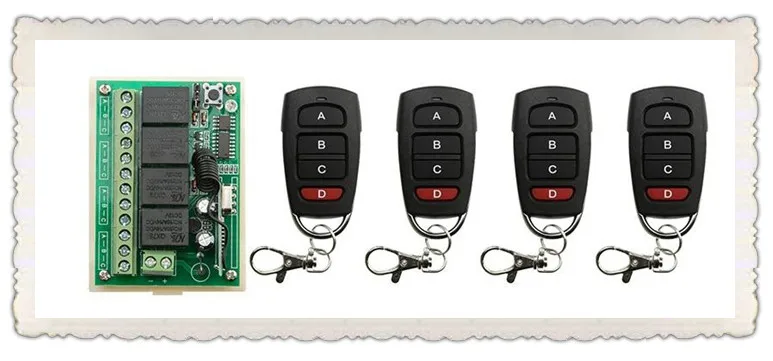 

JRLJEKEENew RF Wireless Remote Controller Relay Switch System teleswitch DC12V 4CH 1pcs Receiver& 4pcs Transmitter Toggle Moment