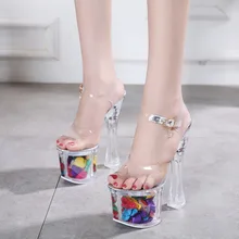 Przezroczyste kryształowe buty księżniczki 20 cm bardzo wysokie obcasy eleganckie buty damskie etap wybiegu sexy surowe z kwiatami sandały 42 43