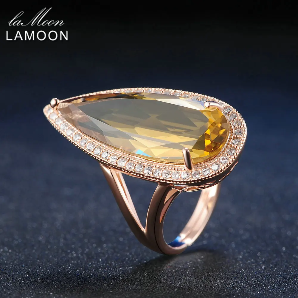 LAMOON 925 Sterling Silver Jewelry Rings Luxury Gemstone Natural Big TearDrop Citrine Cocktail Amber Ring ChALkeR Anel Feminino