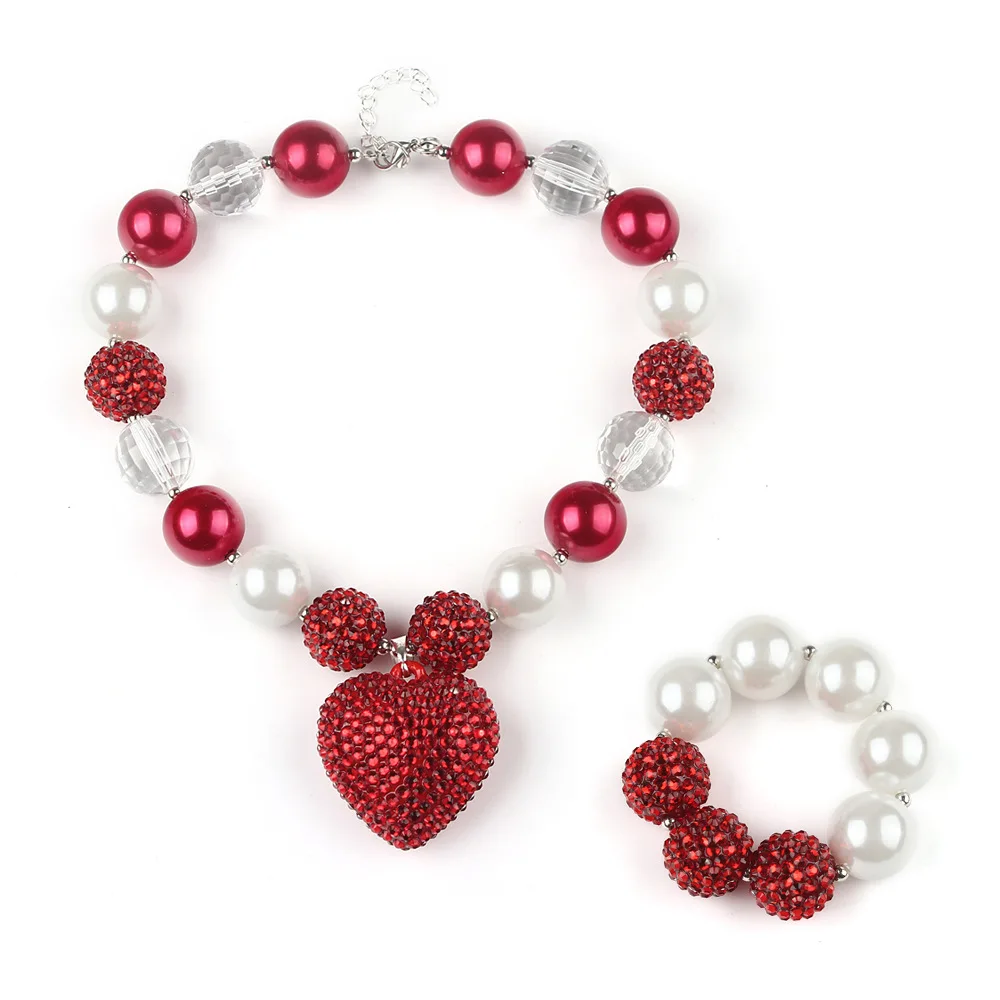 

Lovely Kids Girls Red Rhinestone Heart Pendant Toddler Chunky Beads Bubblegum Necklace Bracelet Jewelry Set Gift For Baby Girl