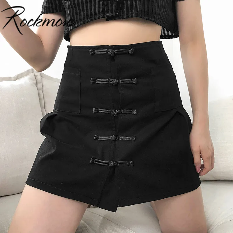 

Rockmore Vintage High Waist Chinese Style Skirts Women With Button Korean Mini Skirt A-Line Femme Streetwear Skirts Womens Fashion