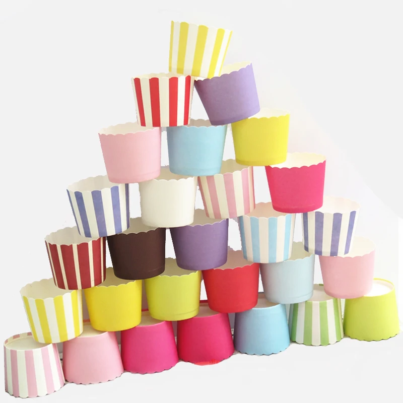 

50pcs/lot Pure Color Colorful Striped Wedding Birthday party Cake Decorating Paper Muffin Cupcake Cups