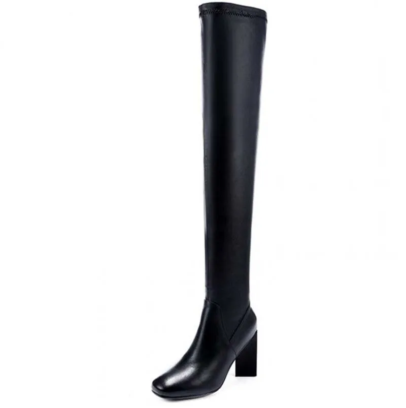 Platform Shoes Over-the-Knee Boots For Women Fashion Square Toe High Boots Winter Full Grain Leather Sexy Winter Boots