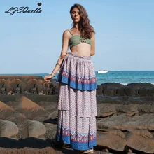 Для женщин Летнее для пляжа в богемном стиле юбка вечерние Макси накидка пляжная длинная юбка с цветочным принтом и оборками Для женщин в богемном стиле Облегающие юбки