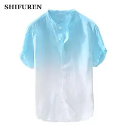 SHIFUREN Лето 100% Pure льняные рубашки короткий рукав градиент Цвет мягкие дышащие повседневные мужские рубашки стенд воротник Chemise Homme