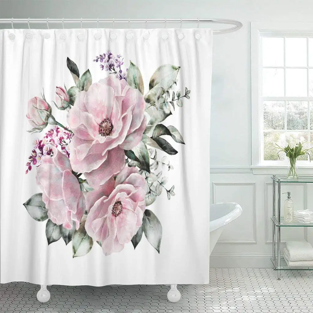  Fabric  Shower  Curtain  with Hooks Watercolor Flowers Floral  