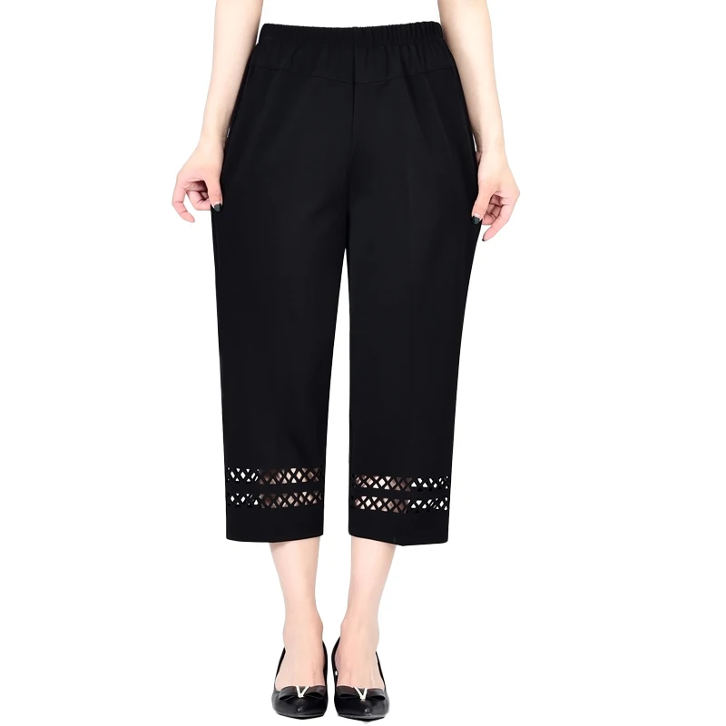 Летние женские брюки капри среднего возраста, модные повседневные штаны с эластичной талией размера плюс 5XL, женские прямые брюки Pantalones De Mujer - Цвет: black