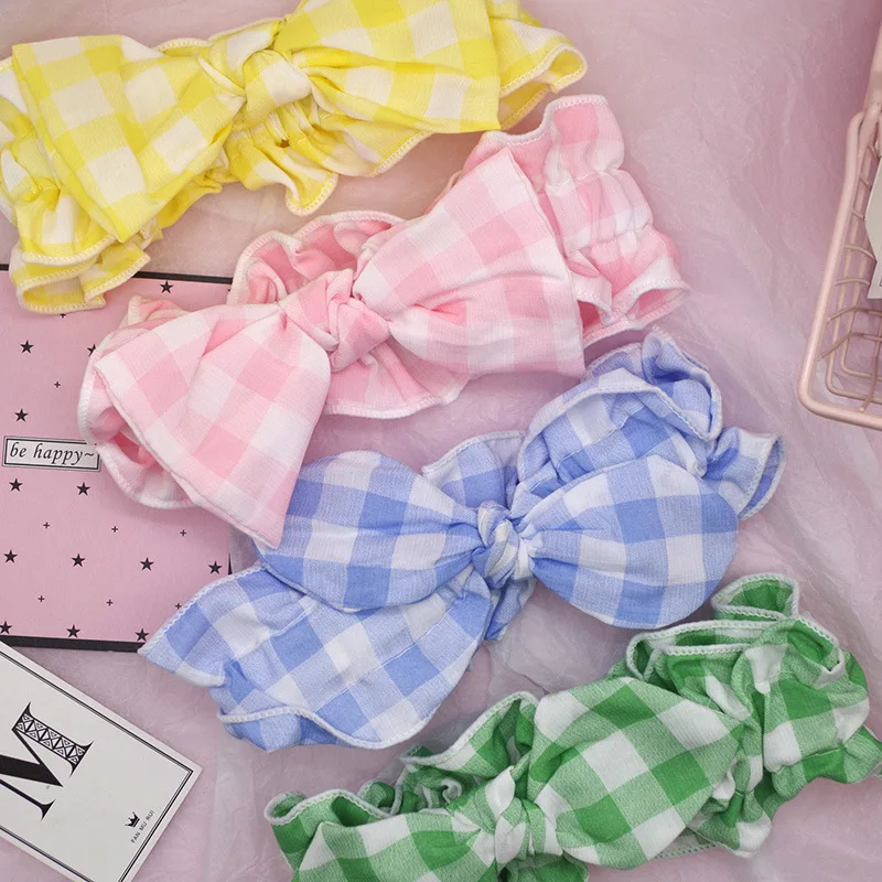 

College Style Fresh Lotus Leaf Bow Plaid Fabric Headband for Girl Student's Hair Accessories Fashion Simple Hair Accessories