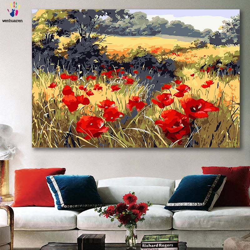 

DIY colorings pictures by numbers with colors Red poppy flower field picture drawing painting by numbers framed Home