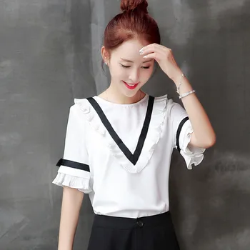 

New Design Women Spring Summer Style Chiffon Blouses Shirts Lady Girls Short Flare Sleeve O-Neck Casual Blusas DF1857