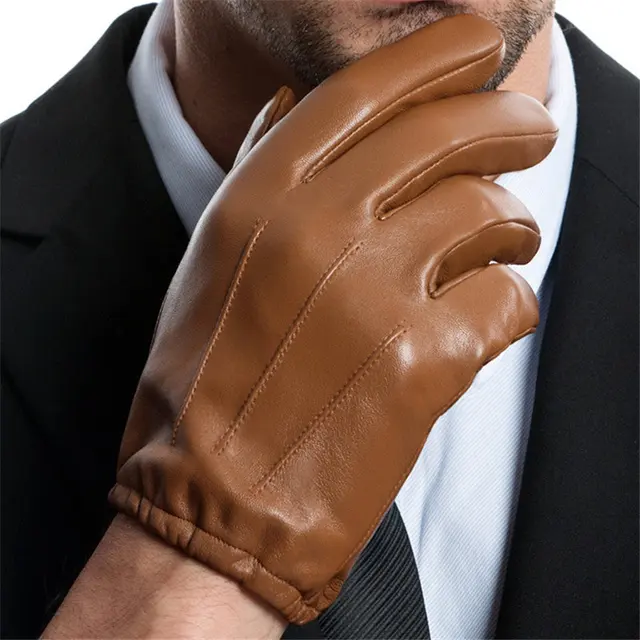 Genuine Leather Gloves Male Sheepskin Gloves Thin Short Style Spring Autumn Touch Screen Driving Man's Mittens MLZ101 Champagne