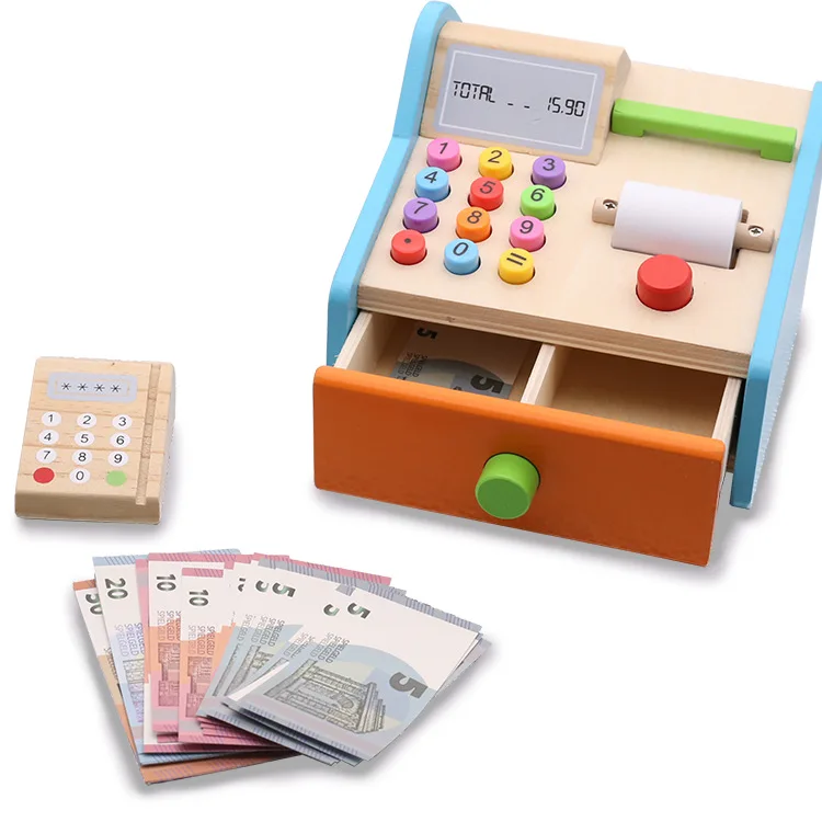 

Wood toy Play house Shopping toys Funny Kids cashier cash register cashier Role play cash register game DIY children toys gifts