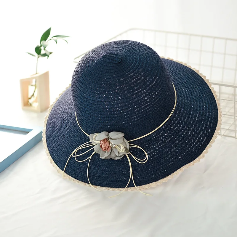 Летняя Пляжная соломенная шляпа с цветами, женские шляпы от солнца, соломенная шляпа с Круглым Верхом и широкими полями, повседневная женская кепка на плоской подошве, уличная Солнцезащитная шляпа - Цвет: Navy
