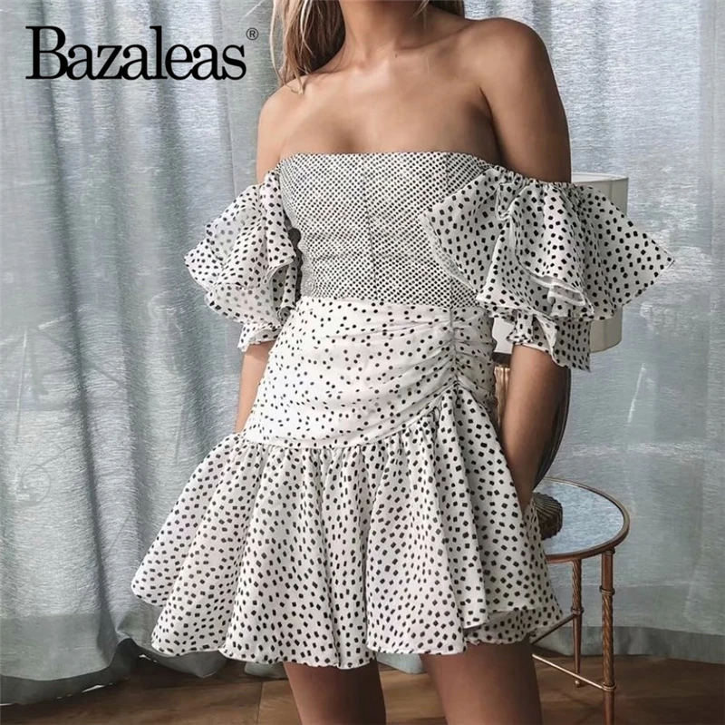 

Bazaleas Vintage Off Shoulder Puff Sleeve vestido Dot Print Patchwork women dress Pleated party dress Ruffles Summer Dress