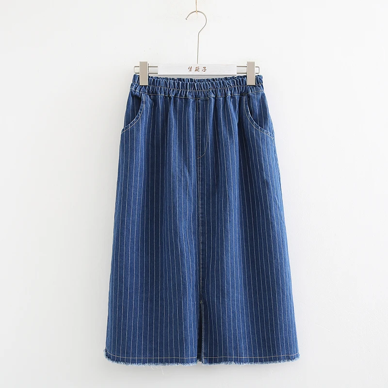 Fresh vertical stripes Pocket elastic waist denim skirt mori girl in