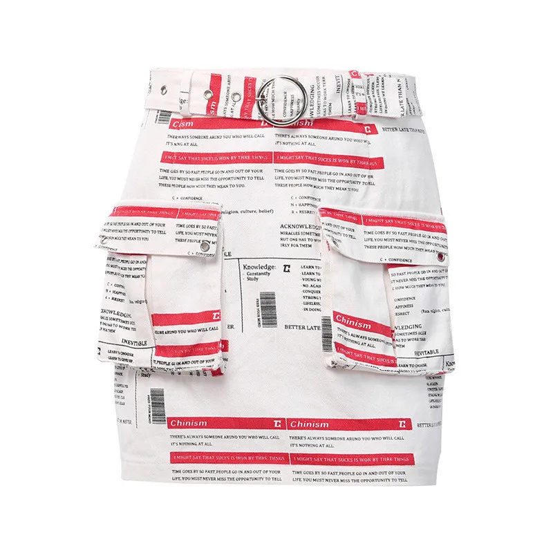 

New 2019 Harajuku Letter Print White Mini Skirt Women Summer Streetwear Pockets Hipster School Casual High Waist Bodycon Skirts