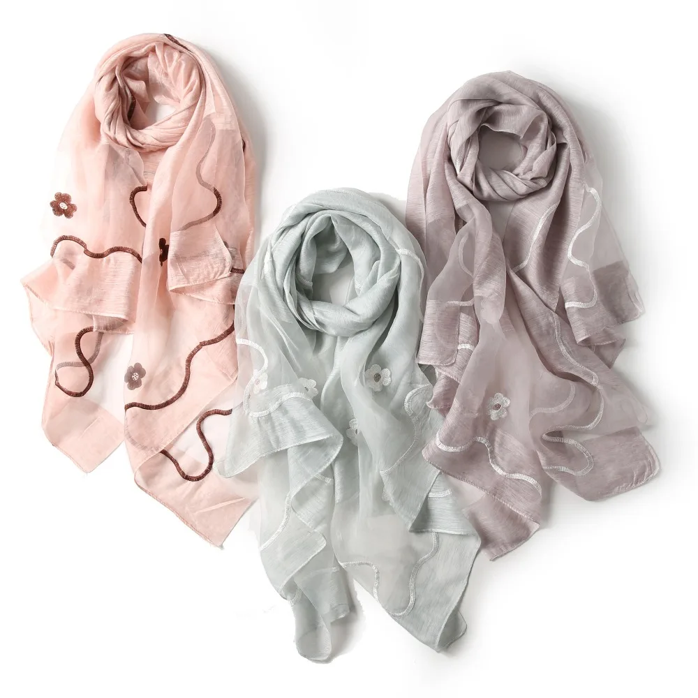 

Summer 80*190cm Large Real Silk Scarf Shawls Women Female Solid Color Flowers Embroidery Long Wraps For Spring and Autumn