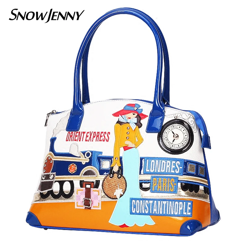 

Women Shoulder Bags Leather Patchwork Embroidery Messenger Bag Handbags Totes Braccialini Style Art Cartoon Beauty Train Station
