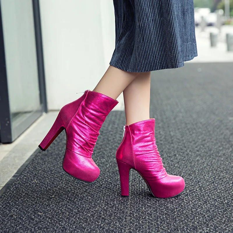 

YMECHIC Silver Red Party Bride Wedding Fashion Shoes 2018 Women Bling Platform High Heels Pleated Ankle Boots Winter Plus Size