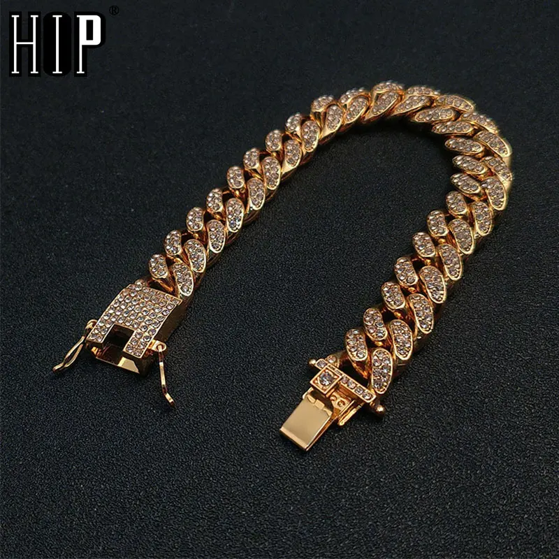 

Hip Hop Miami Cuban Link Chain Bling Iced Out Full AAA Crystal Pave Men's Bracelet Gold Silver Color Bracelets for Men Jewelry