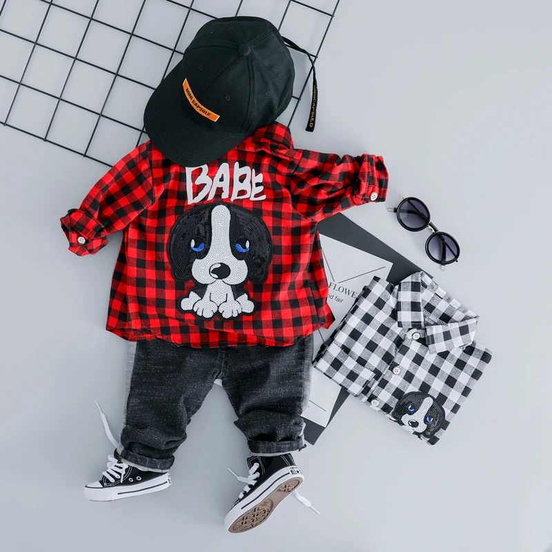 Goedkoop Hylkidhuose Baby Kleding Suits 2019 Lente Baby Meisjes Jongens Kleding Sets Revers Plaid Shirt Jeans Cartoon Kids Kinderen Kostuum