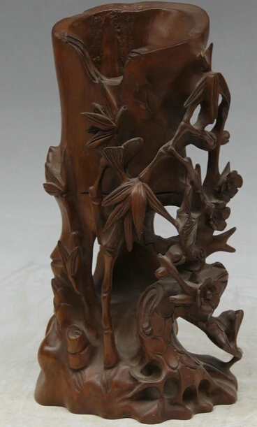 

JP S0524 12" Ancient Chinese Dynasty Boxwood Bamboo Leaf Brush Pot Pencil Vase Sculpture