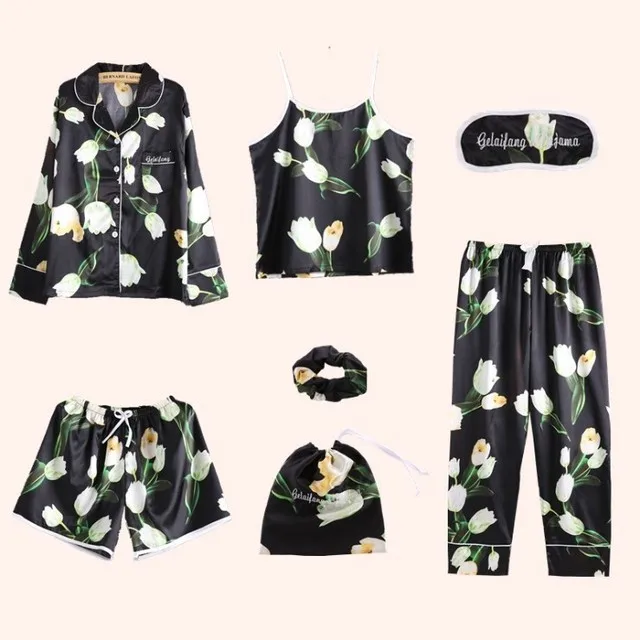 Женский пижамный комплект из 7 предметов, хлопковая шелковая Женская одежда для сна, пижамы для отдыха, топ и шорты, штаны, весна, лето, осень, зима