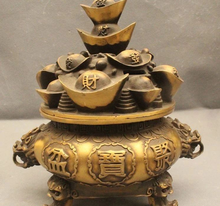 

10"Chinese Bronze treasure bowl Yuan Bao Money Wealth Incense Burner Censer