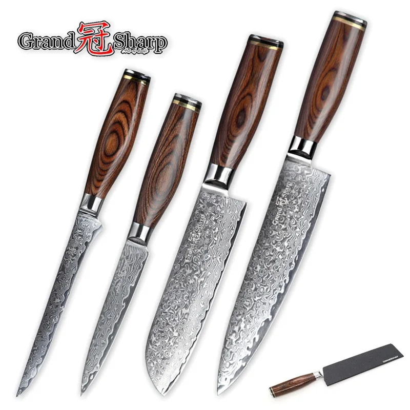 Grandsharp 4 шт. Дамаск Кухня Ножи набор шеф повар сантоку нож топорик VG10 японской