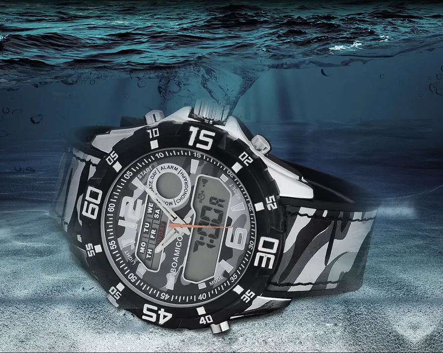 BOAMIGO Brand Men Watches Multiple Time Zone Sport Watch Rubber Band Gray Digital Analog LED Wristwatch Waterproof Reloj Hombre (25)