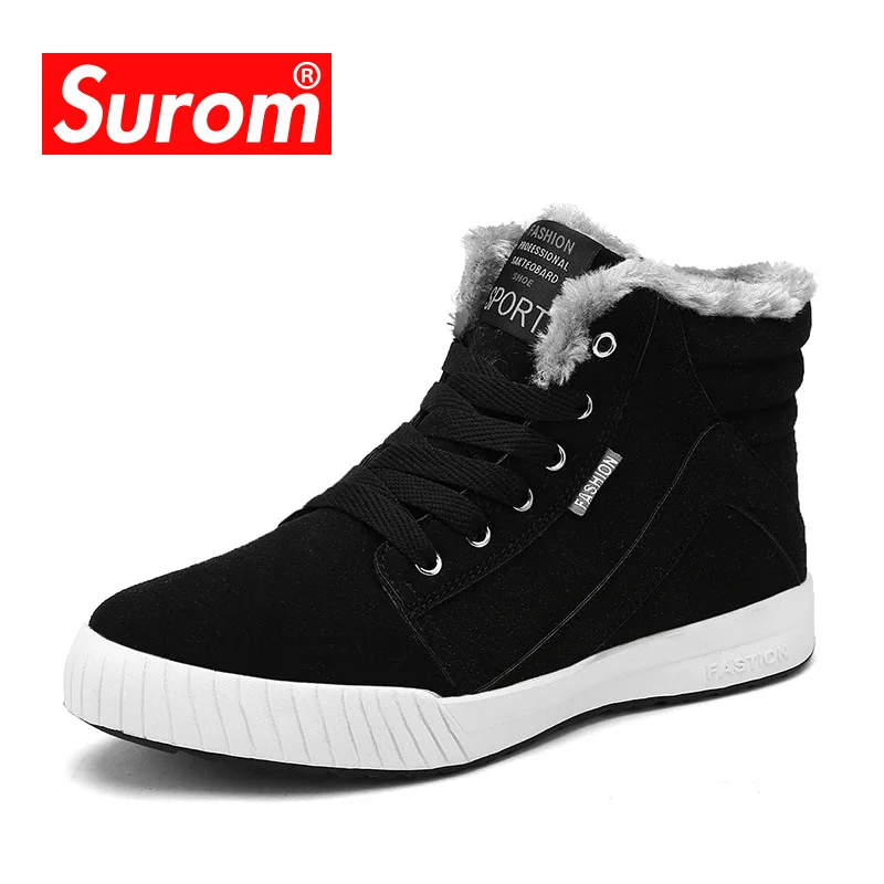 

SUROM Brand Men's Boots Big Size Warm Plush Male Leather Shoes Work Boot Warm Fur Winter Casual Snow Sneakers Mens Ankle Boots