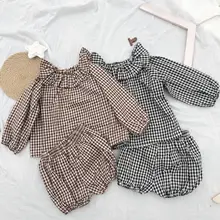 Г., весенне-летний костюм для малышей хлопковая клетчатая блузка+ шорты комплект из 2 предметов топ с листьями лотоса для маленьких девочек, Короткие плиссированные штаны шаровары