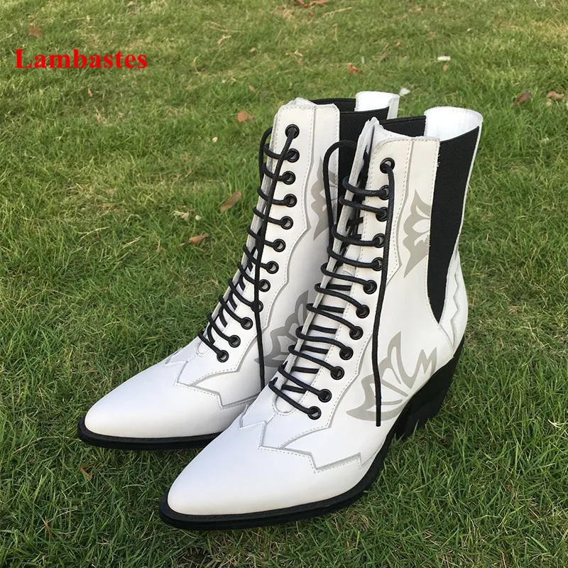 

2018 New Flower Print Lace Up Ankle High Leather Women Martin Boots Pointed Toe Cross-tied Botas Mujer Winter High Heels Shoes