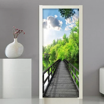 

PVC Waterproof Self-Adhesive Door Sticker Wallpaper Wall Decals Living Room Bedroom Door Sticker 3D Wooden Bridge Forest Mural