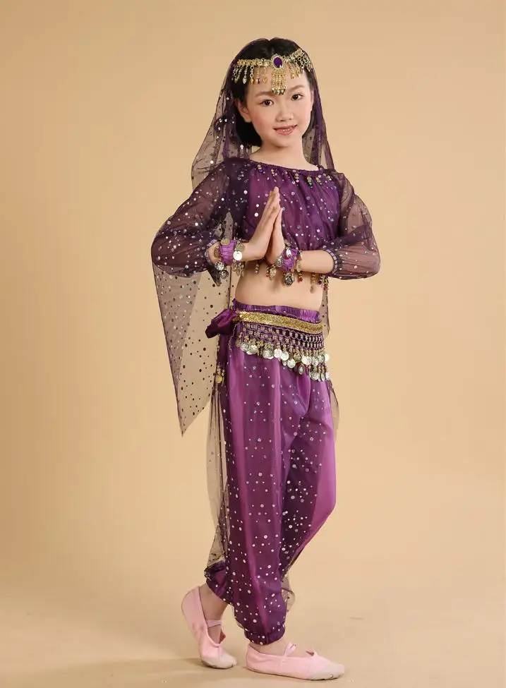 Belly Dance Girls Indian Costume 6 Pcs(top+pant+belt+head Chain+hand