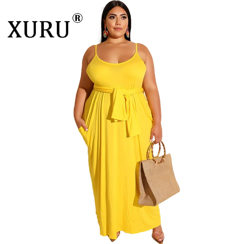 

XURU Summer new women's large size loose dress L-4XL solid color fashion casual sleeveless strap V-neck long dress with belt