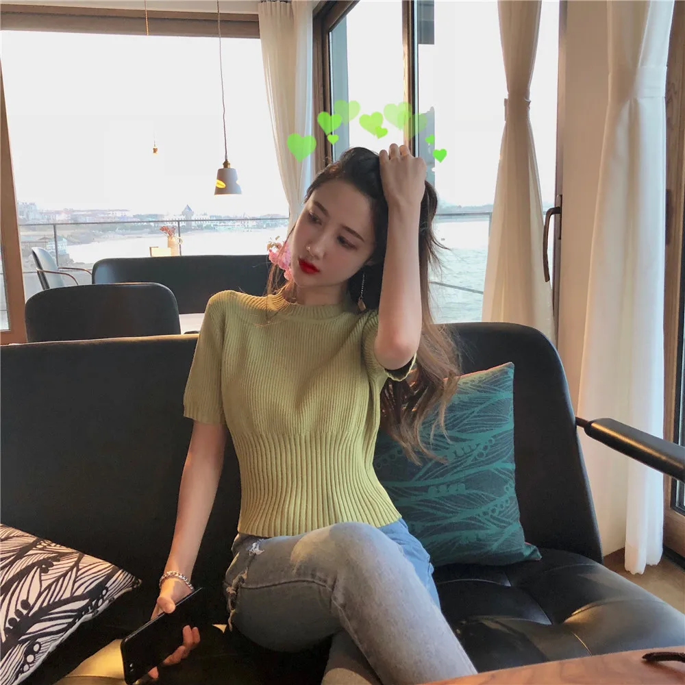 

3 colors summer tops 2019 korean style solid color slim short-sleeve knitted t-shirts womens tee shirt femme (R8883)