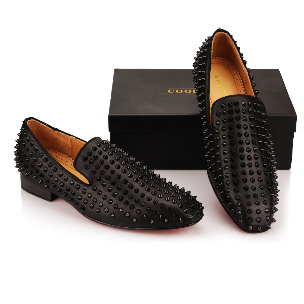 Cool TIRO Элитный бренд черный Пояса из натуральной кожи ручной работы шипы Для мужчин Лоферы Туфли без каблуков Свадебная вечеринка Мужская обувь тапочки под смокинг