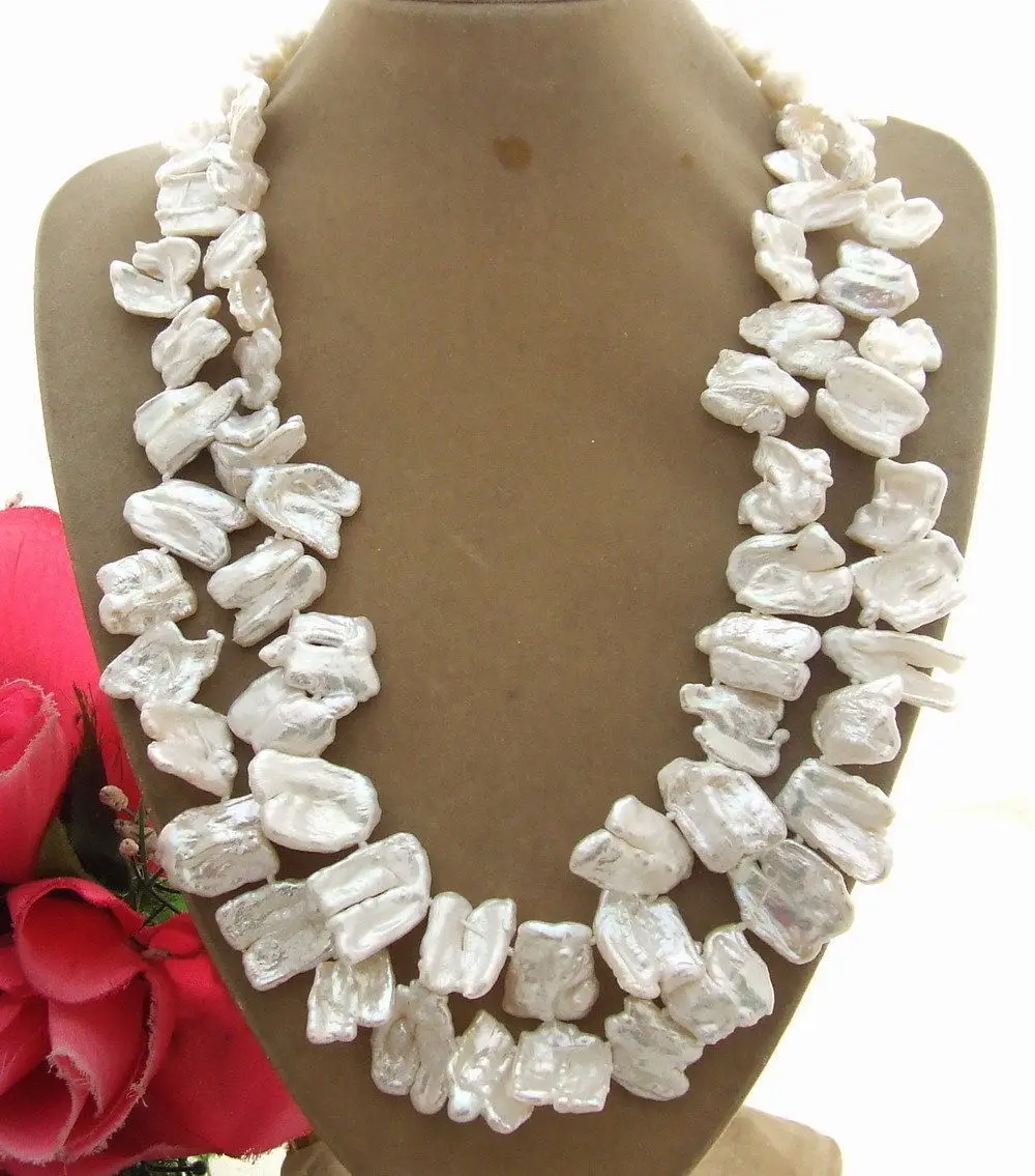 

hot sell- N761 2Strds 12x16mm white keshi Pearl Necklace -Top quality free shipping