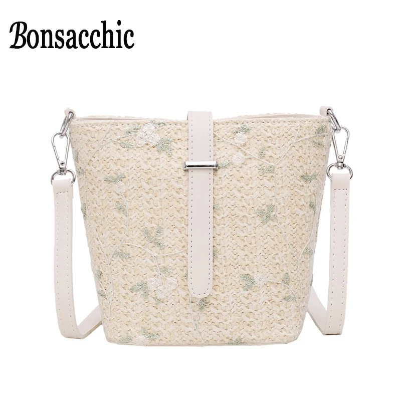 

Straw Women Beige Handbag Summer Lady's Beach Flap Bag Embroidery Floral Ladies Crossbody Bucket Bag for Women 2019 Clutch Purse