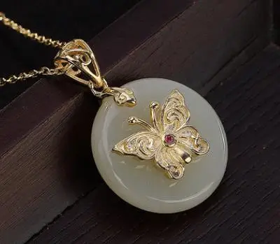 

Sterling S925 925 silver Necklace Pendant gilding butterfly natural stone sweater chain 20*29MM