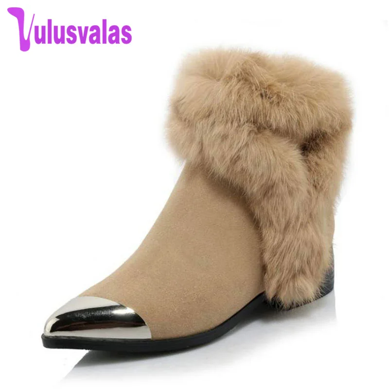 

VulusValas Fashion Winter Shoes Women Real Leather Thick Fur Booties Women Metal Pointed Toe Boots Women Warm Boots Size 34-39