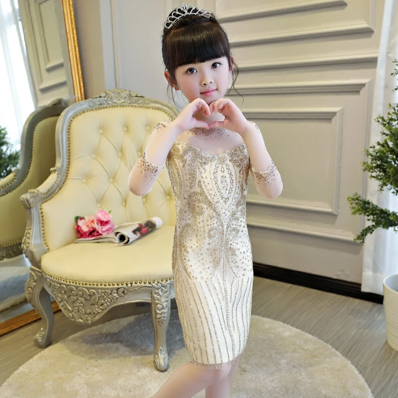 

2-14 Years Luxury Gold Princess Dress Slim Kids Pageant Dresses for Party Birtyday Hollow Out Sleeve Girls Formal Dress B35