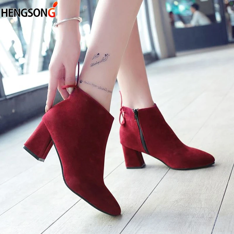 

2019 New Fashion Spring Women Martin Boots Zip Casual Flock Boots Pointed Toe High Square Heel Warm Women Ankle Boots Size 45