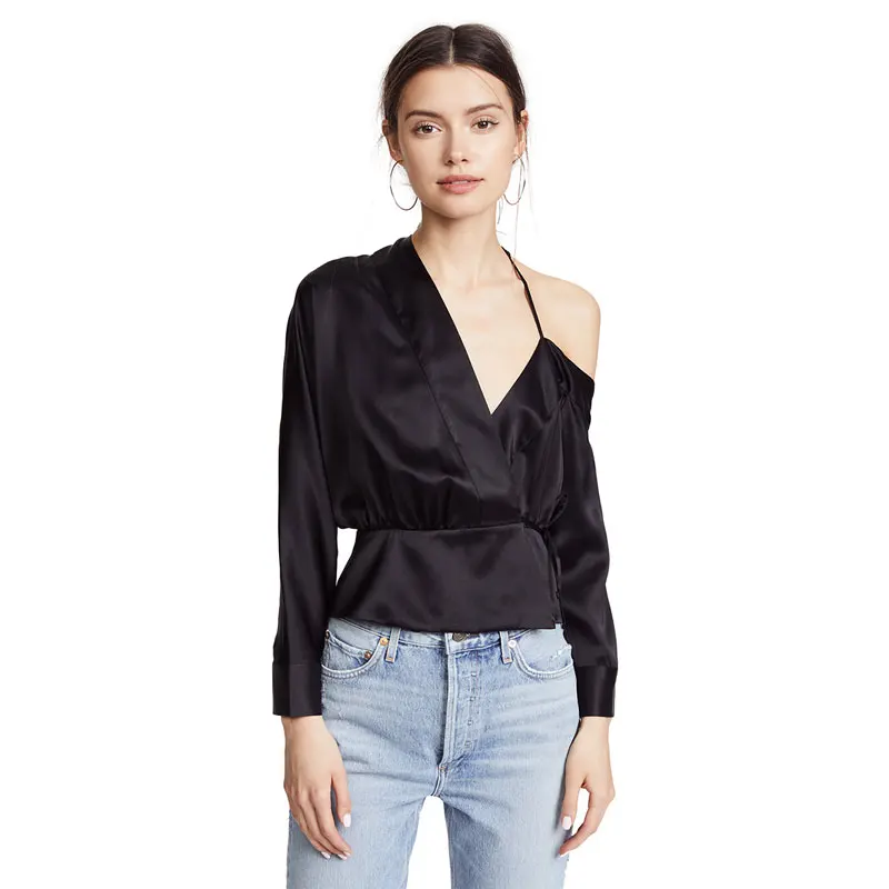  Darcydebie Women 2019 sexy Blouse commuter shiny gloss Single shoulder hanging neck Dew shoulder as