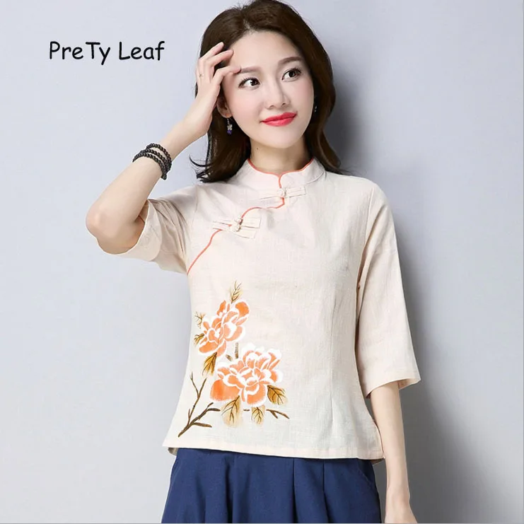 2018 spring new national wind cotton and linen printing shirt|Blouses ...