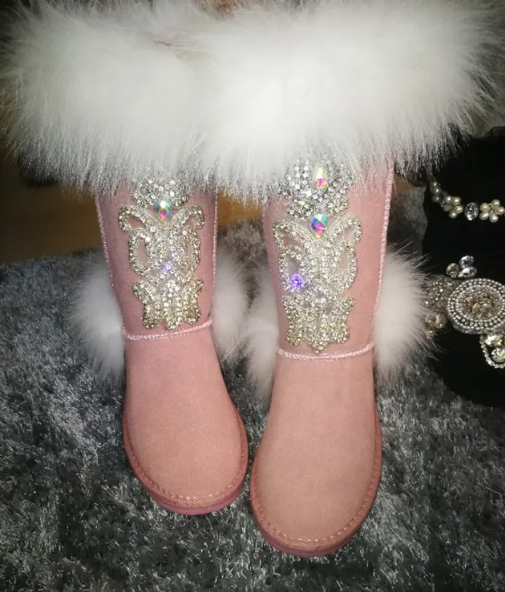 Bling 2019 Cristal Invierno Nieve Fox Botas Diamante Pelo Mujer Imitación Piel Natural De Chicas Diamantes Oveja Caliente 5q5zWZ8a